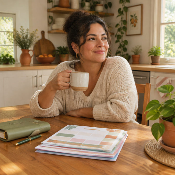 Mamá tranquila tomando un café con el kit impreso en la mesa