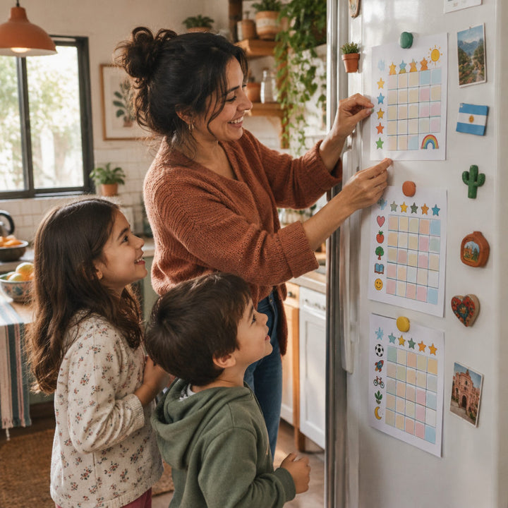 Mamá pegando las hojas del Kit SOS Mamá en la heladera con sus hijos