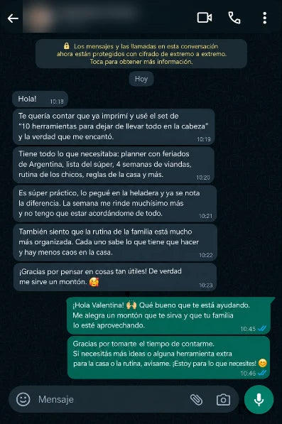 Testimonio de Valentina por WhatsApp: ya imprimió y usa el kit
