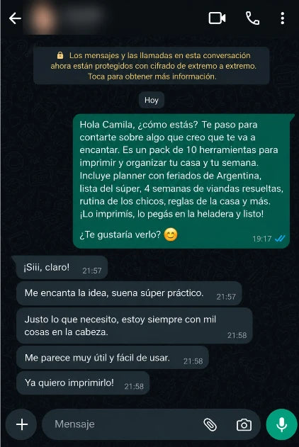 Testimonio de Camila por WhatsApp