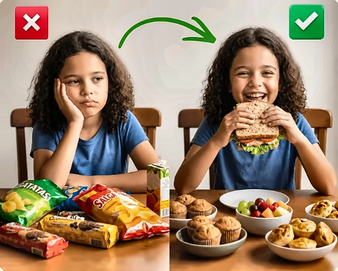 Antes: una nena aburrida frente a snacks de paquete. Después: la misma nena feliz con una merienda casera